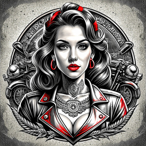 motorcycle club lady tattoo design - perfect realistic art - high-definition - grey and black - white background 