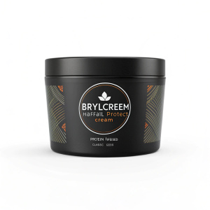 Sleek, black tub of Brylcreem Hairfall Protect Cream. White logo featuring modern design elements. Packaging highlights 'protein infused' and 'classic gloss'. Clean white background, modern aesthetic.