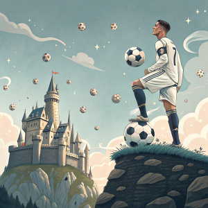 Digital art featuring Cristiano Ronaldo. He's illustrated as standing atop a medieval fortress, holding a soccer ball. Background filled with floating soccer balls and detailed castle imagery.