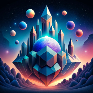 Macrocosmos: Image of macrocosmic crystal formations or abstract gaseous objects, conveying the impression of cosmic beauty and uncertainty.