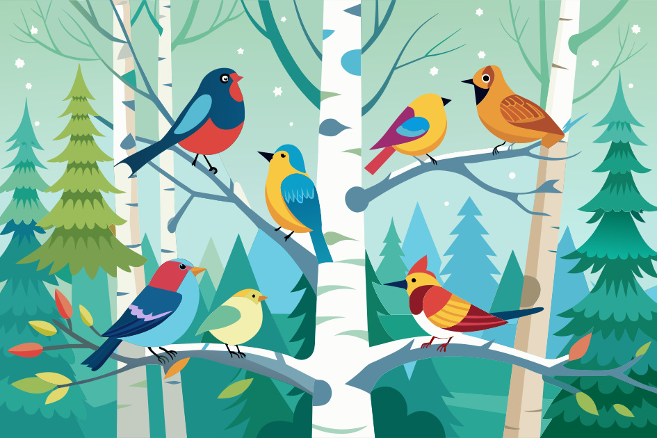 A Group Of Colorful Bird Sits On A Branch Of A Tree Behind Big Birch Tree With Forest White