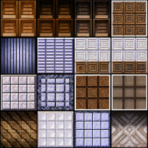 Pixel art inspired texture collection featuring shades of blue, brown, and more. Organized in neat grid pattern.
