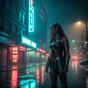 Gal Gadot as Wonder Woman, standing on a Gotham City street, dark and rainy night, neon signs reflecting in puddles.