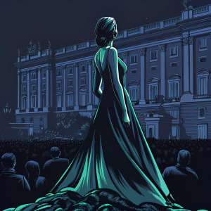 Queen Letizia of Spain, elegant in a stunning teal dress. Standing in front of Spanish royal palace. Crowds visible in the background