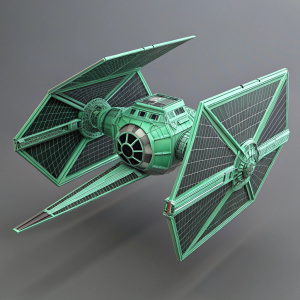 Digital 3D render of a futuristic Tie Interceptor spaceship. Green wireframe design. Neutral gray backdrop.