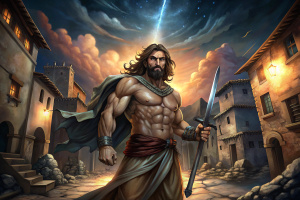 jesus musculoso con una espada en su mano, en las calles de Jericó, cielo un poco oscuro, fondo de imagen casas de Jericó