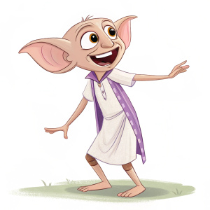 Dobby, the animated house elf, posing with a big smile. White and purple outfit. Clean background