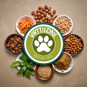 crea un logo di nutrizione animale con scritto "nutrizione vital pet" e una zampa di cane. includi foto di crocchette e cibi naturali