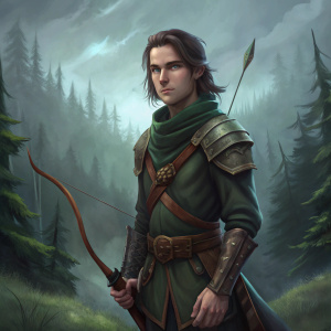 waist-high portrait, male dwarf with bow, 3/4 view, forest on background