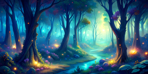 Dark mysterious woods in the evening. Disney-style landscape. Bright, vibrant colors. Tiny glowing fireflies in the air. A lot of green.