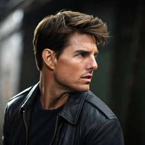 Tom Cruise in an intense pose. Contemporary hairstyle, sharp jawline. Dark blurred background