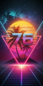 logo, retro cyberpunk palm tree, sun, and underneath the number "76", vibration 