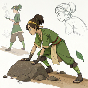 Concept art for an earthbending character from Avatar: The Last Airbender. Digital illustration showcasing multiple sketches of the character in various poses, detailing her outfit and interaction with her environment. Dominated by earthy tones of green and brown.