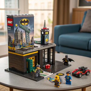A detailed showcase of the LEGO Super Heroes Batman Brother Eye Takedown set. Ideal for kids aged 6-12. Displayed on a table, box top featuring dynamic cityscape and LEGO figures in action poses.