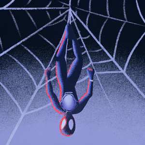 Digital sketch of Miles Morales, hanging upside down from a web, dark background