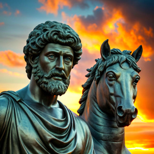 create me an ebook cover on Stoicism, for quotations, balck a greek style marble statue of Marcus Aurelius, twilight, eclipse, rushing fire, stoicism