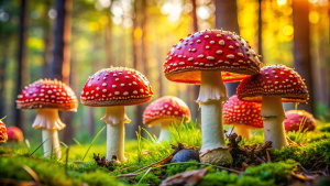 Amanita Muscaria muscimol mushroom Amanita fly agaric mushrooms in forest with grass on the background. Creative banner. Copyspace image