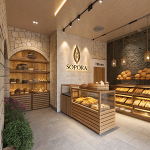 3D interior design of a cozy bakery named 'Sopora'. Wooden shelves filled with freshly baked bread and pastries, warm lighting casts a golden glow. Stone walls add a rustic charm. A discreet 'Hitman' logo subtly placed.