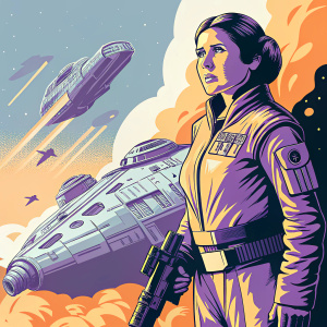 Carrie Fisher as Princess Leia, in a space battle scene. Wears rebel alliance uniform. Beside Millennium Falcon.
