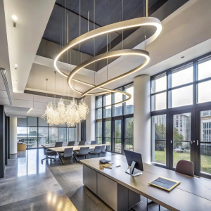  big offise with s-shaped lamp under the ceiling, high ceilings