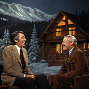 Gregory Peck and Johnny Carson sharing a laugh on The Tonight Show set. The background is a cozy, rustic wooden cabin surrounded by dense forest and snowy peaks. The lighting is warm and intimate, highlighting their conversation.