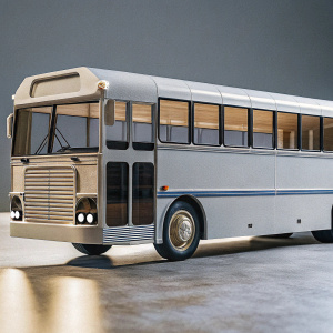A sleek 3D render of the Lanka Ashok Leyland Viking bus, featuring a modern design with clean lines and a light grey and blue color scheme. The bus blends traditional and modern features. Set against a dark background, the bus is illuminated with soft lighting to highlight its contours.
