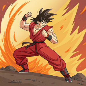 Goku from Dragon Ball Z, flexing his muscles in a red gi. Fiery background with orange and yellow hues, preparing for a fierce battle.