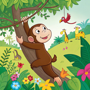 Curious George video game cover art. Monkey playing in a vibrant, colorful jungle setting.
