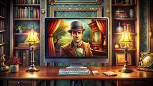 the computer is on the desktop. detective style. Sherlock Holmes. mockup. The view is straight