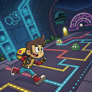 In a vibrant digital landscape, the character from 'Jetpack Joyride' navigates through a maze of game elements. Neon lights and futuristic obstacles fill the background.