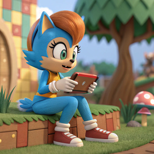 3D rendered image of Sally Acorn from Sonic the Hedgehog series. Sitting on a colorful, animated backdrop, holding a gadget, curious expression.