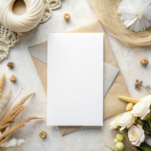 white A7 greeting card mockup, wedding boho surface, topview
