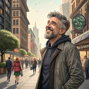 Craig Ferguson, a man with a beard and silver hair, standing in a bustling city square.