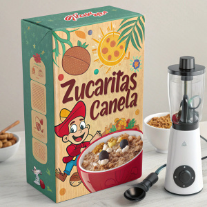 Promotional image showcasing Kellogg's Zucaritas Canela cereal box. Vibrant colors and playful cartoon character. Blender-like gadget featured next to the box. Spanish text dominates the display.