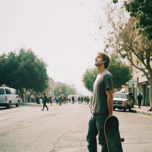 Max Kepler, baseball player, in casual jeans and t-shirt, standing on a bustling street. He holds a skateboard in one hand, looking relaxed.