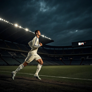 Cristiano Ronaldo, running on a dimly lit football field. Dark sky with stadium lights. Empty stands. Focus on his athletic form.