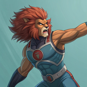 Digital art of Lion-O from Thundercats, dynamic poses, muscular, wild red mane, close-up view, futuristic costume, teal background.