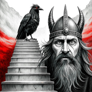 viking and raven in walhalla stairs runen symbols pattern - perfect realistic art, high-definition, high-definition grey and black, white background 