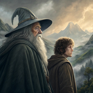 Digital illustration: Gandalf the Grey and Frodo Baggins standing before the Misty Mountains. Frodo wears the One Ring. Landscape is filled with swirling clouds and detailed textures.