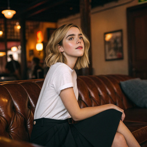 Kiernan Shipka, seated on a brown leather couch. Casual white t-shirt and black skirt. Warm lighting in the background. Indoor setting with blurred figures and furnishings.