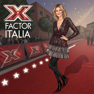 Federica Fontana, posing confidently at the X Factor Italia event. Wearing a v-neck sequined dress with ruffled skirt and black tights. Stylized X Factor logo in bold graphic design. Red carpet event with energetic atmosphere.