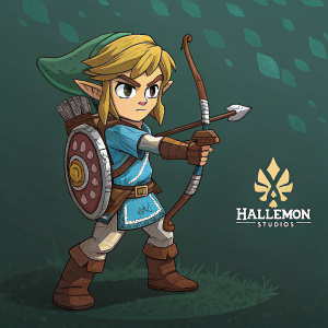 Pixel art of Link from The Legend of Zelda, determined expression, blue tunic, brown boots, bow equipped. Dark green background. HalfLemon Studios logo on right side. Limited color palette, blocky style.