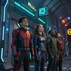 A group of characters from the show Lab Rats: Bionic Island, standing in a queue. The environment is highly futuristic with metallic structures and neon lights. Characters are diverse in ethnicity and attire, ranging from high-tech suits to casual wear.