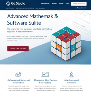 Promotional webpage for GL Studio software suite. Features advanced mathematical and simulation tools. Modern design includes a blocky cube graphic, MATLAB & Simulink logo, and a library menu section. Color scheme: blue, white, and technical hues.