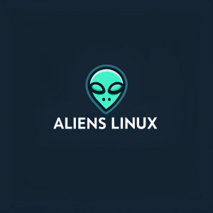 Modern logo design for Aliens Linux. Stylized abstract alien face. Text reads 'ALIENS LINUX' in a clean, contemporary font. Teal and muted colors for a sleek, minimalist look.