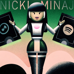 Nicki Minaj in a high-tech, shiny outfit. Pastel gradient background. Logos of her music albums and merchandise prominently displayed. The atmosphere is vibrant and energetic, typical of digital promotional content.
