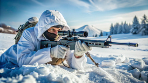 Intense winter warfare scene featuring a skilled sniper concealed in the snow, wearing a winter camouflage suit, and aiming through a scoped sniper rifle, capturing the tension and precision of a covert operation, action photography, ultra-realistic, natural light, 8K, shot on Canon EOS C70 RF24–105mm, --ar 3:2 --v 5.1 --style raw --s 1000
