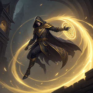 Digital artwork featuring Shadow Prince Malzahar from League of Legends. He is suspended mid-air, enveloped in a radiant golden vortex. Dark background with architectural hints. His dark and golden hooded robe glows with inner light.