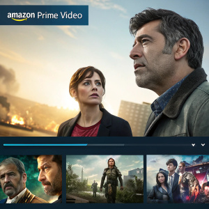 Homepage of Amazon Prime Video featuring a prominent banner ad for an exclusive film. Multiple movie thumbnails with various genres and themes below. Interactive user interface for browsing and selecting movies.
