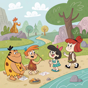 Illustration featuring Fred Flintstone, Wilma Flintstone, Barney Rubble, Betty Rubble, Dino, and Pebbles Flintstone in a playful setting. Characters are depicted with exaggerated features and are engaged in various activities. The background showcases a vibrant prehistoric landscape with cartoonish elements.
